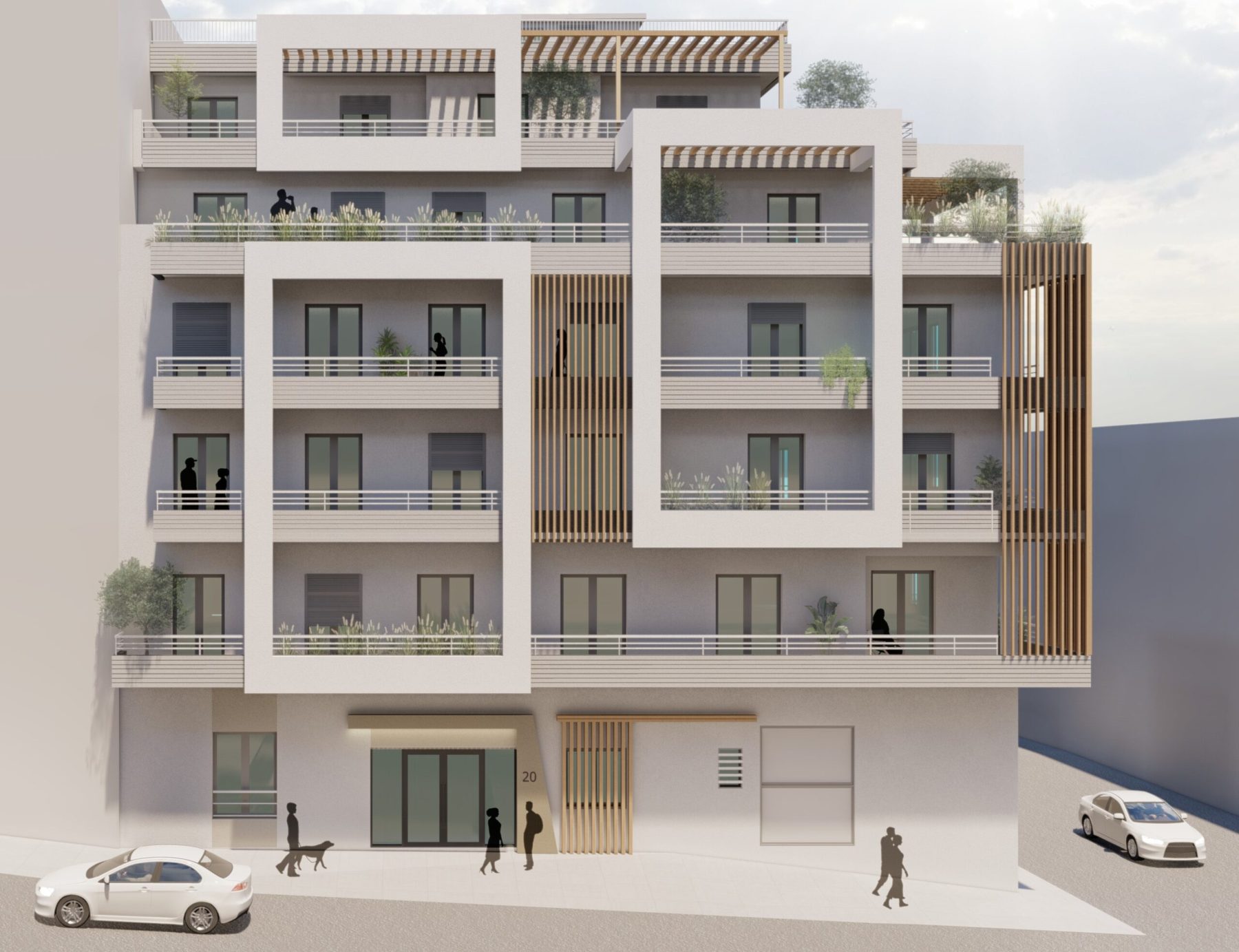 Architectural rendering of a contemporary apartment building